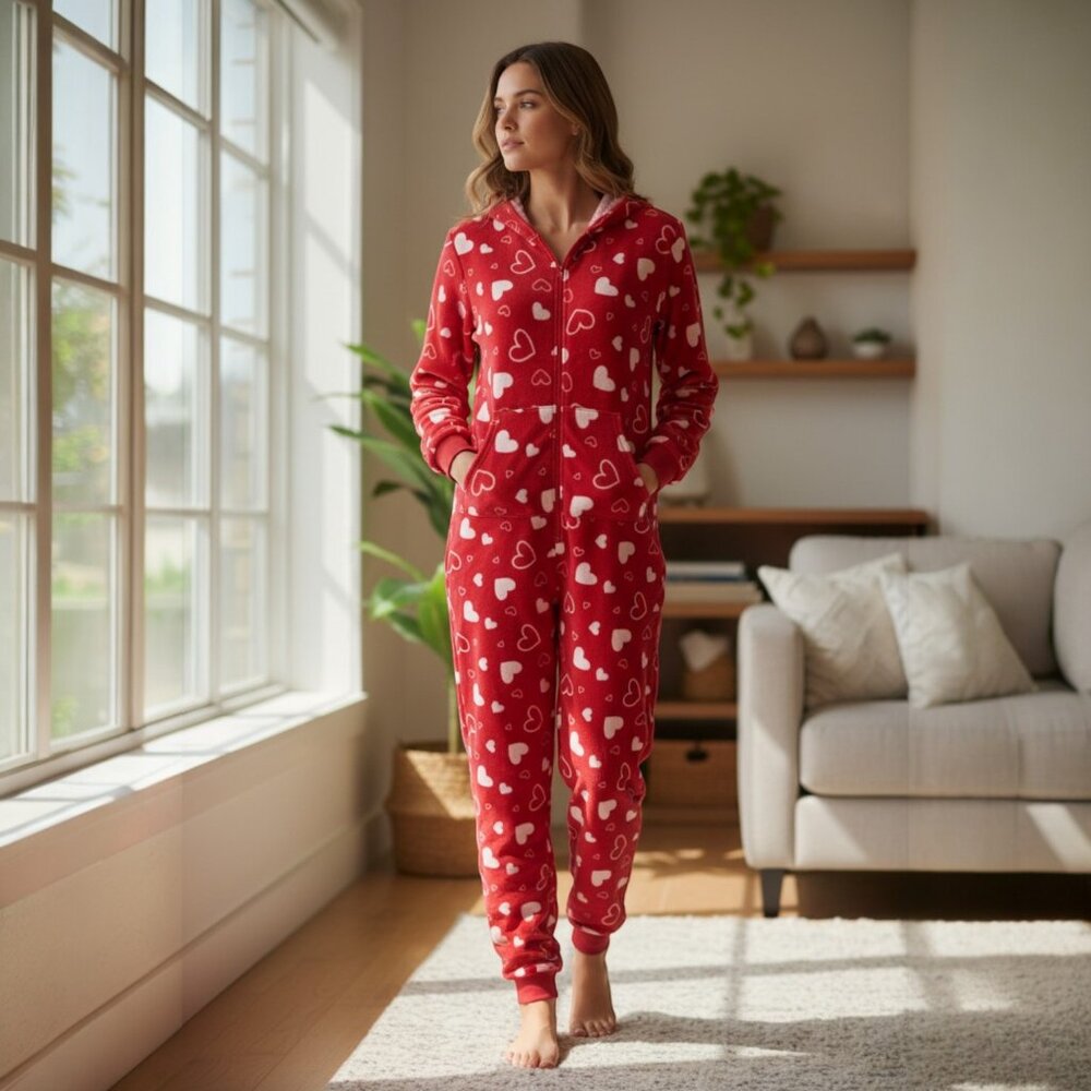Angelina Heart Print Hooded One-Piece Red Pajamas | Zip-Up Fleece | S/M & L/XL